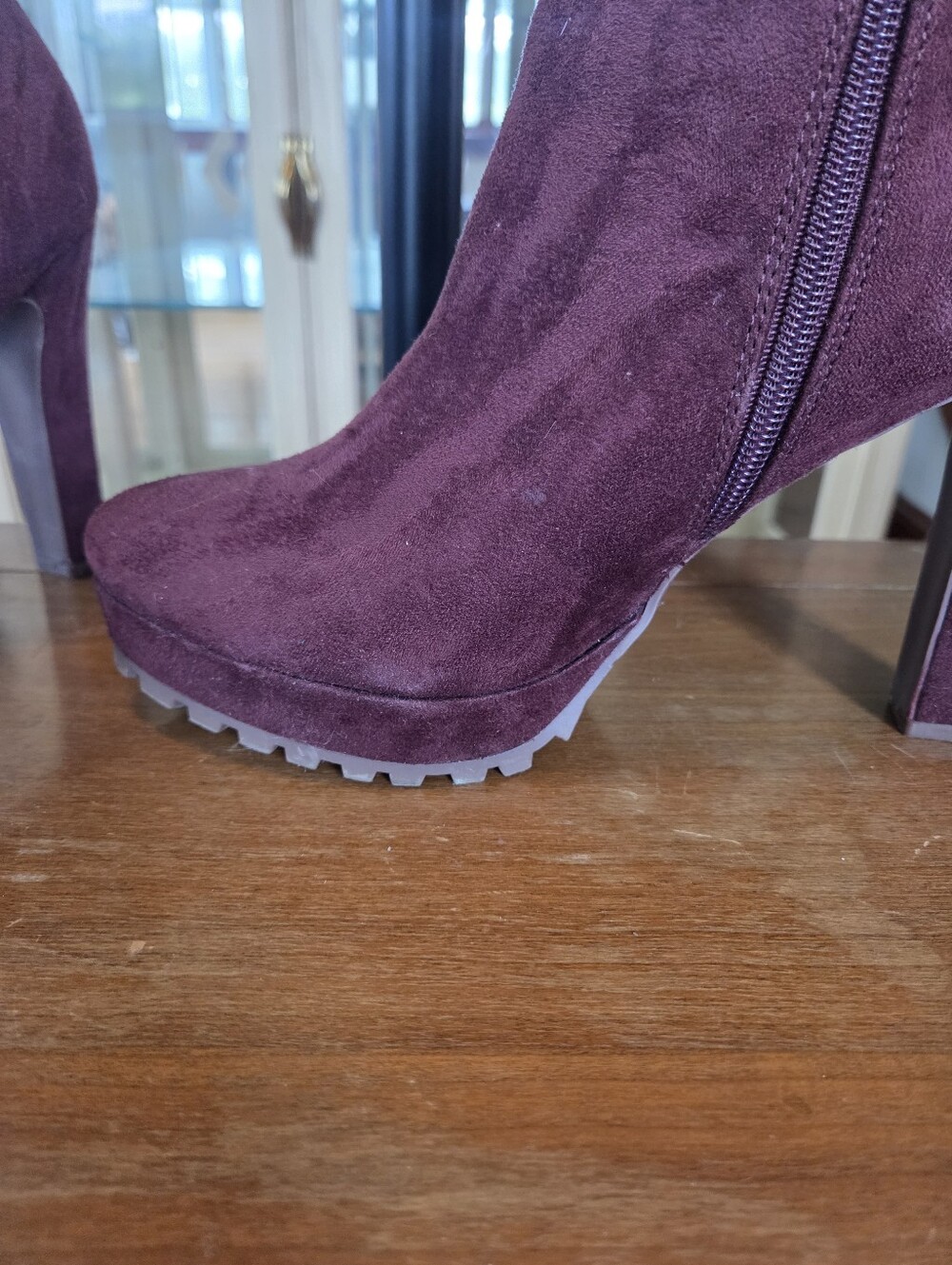 Oxblood Faux Suede Platform Heeled Over The Knee Boots - Picture 10 of 11